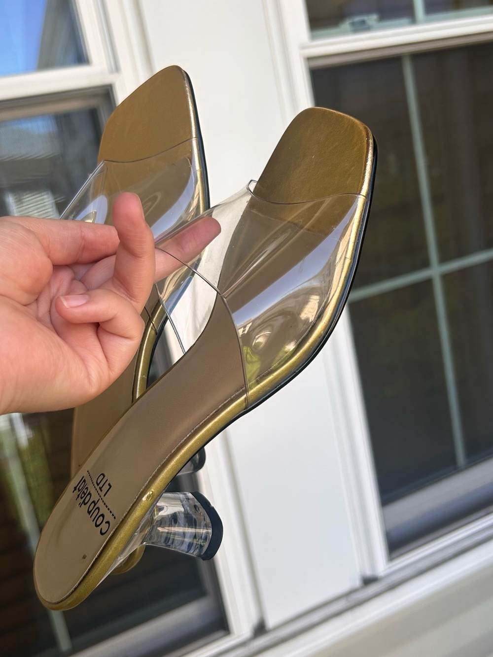 Clear Strap Gold Block Heel Sandals